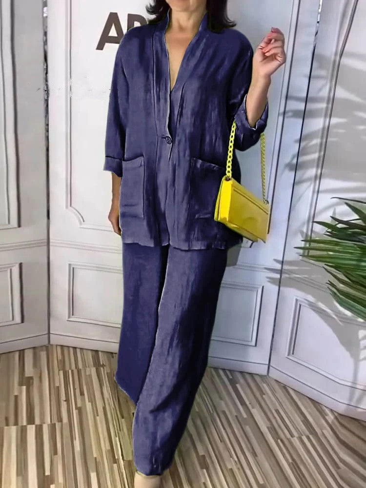 Solid Color V-Neck Top Two-Piece Pants Set