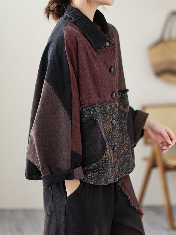 Contrast Color Fringed Split-Joint Long Sleeves Printed Outwear + Harem Pants  Two Pieces Set