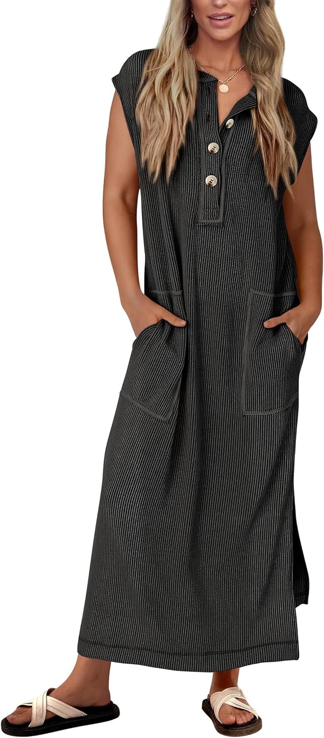 Women's  Ribbed Knit Henley Button Up Maxi Dress (Buy 2 Free Shipping)