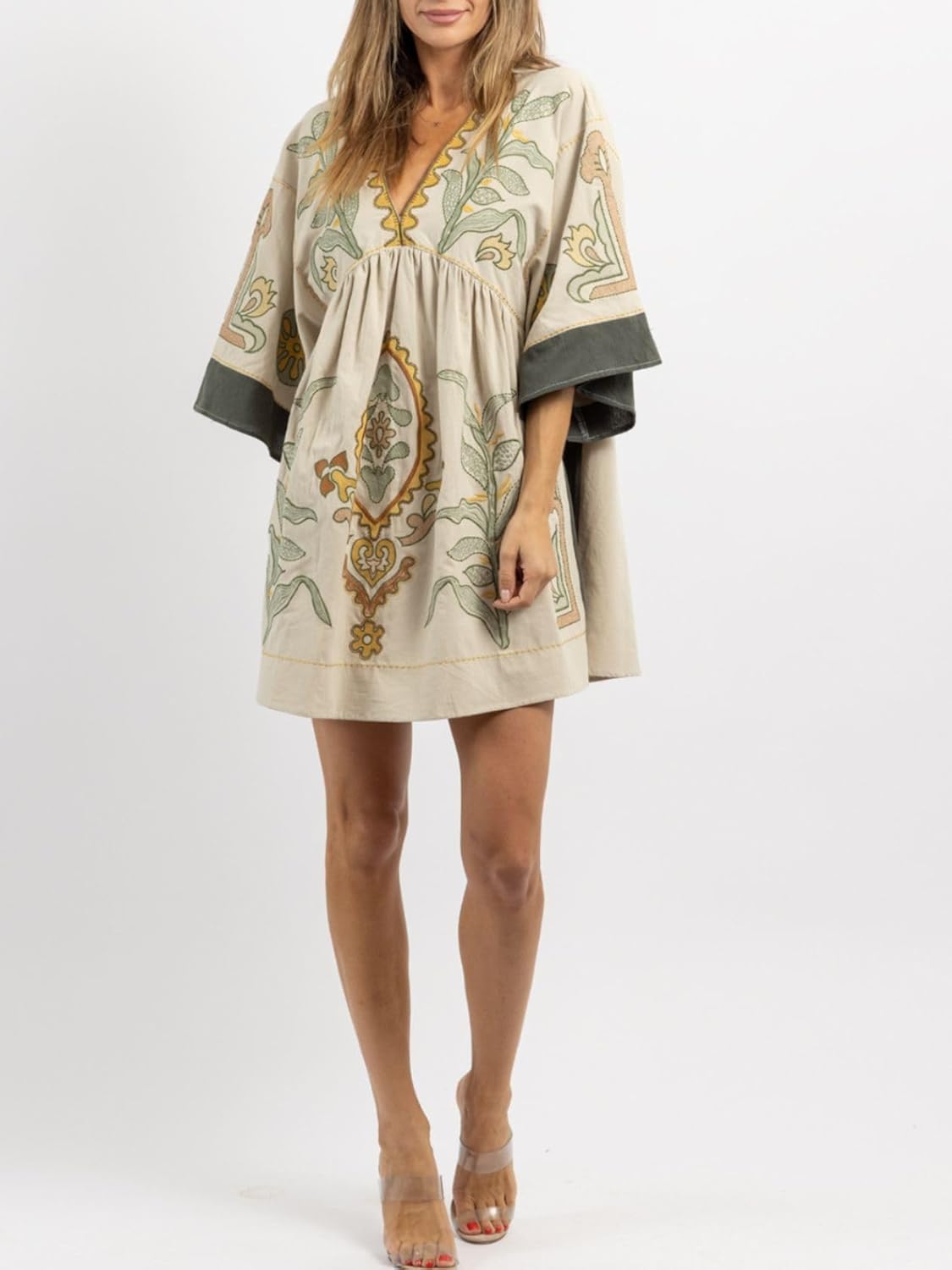 🌸Women's  V-Neck 3/4 Sleeves Loose Fit Vintage Embroidered Dress(Buy 2 Free Shipping)