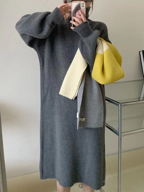 Long Sleeves Loose Solid Color High Neck Midi Dresses Sweater Dresses