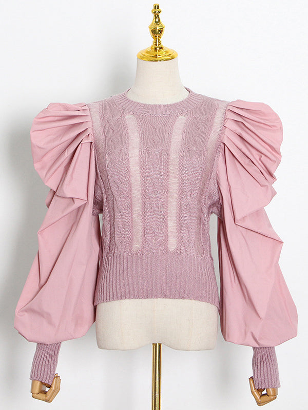 Original Skinny Puff Sleeves Hollow Split-Joint Round-Neck Sweater Tops