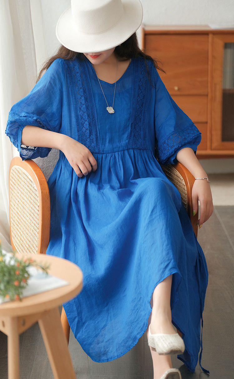 Literary Simple Seven-quarter Sleeve Lace-up Maxi Dress