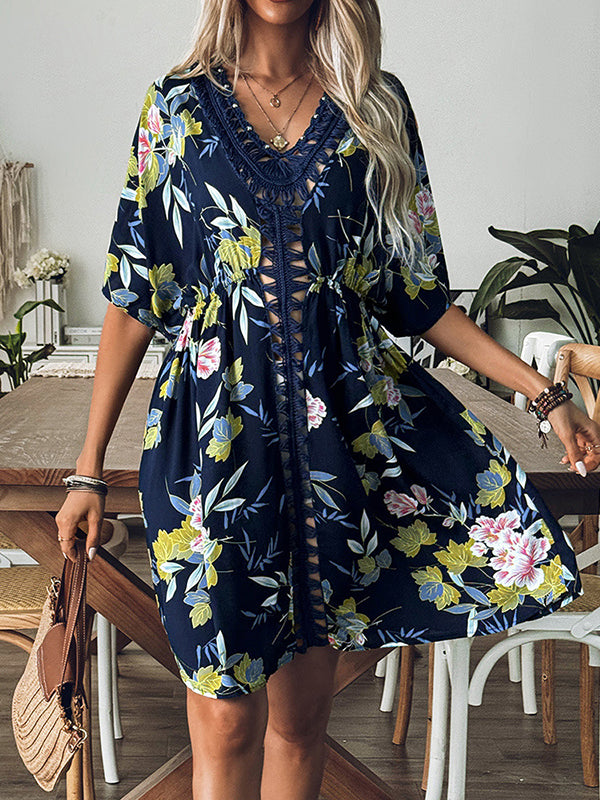 Loose Short Sleeves Flower Print Hollow V-Neck Cover-Up Mini Dresses