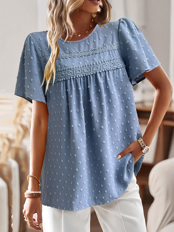 Loose Short Sleeves Hollow Jacquard Pleated Solid Color Split-Joint Round-Neck T-Shirts Tops