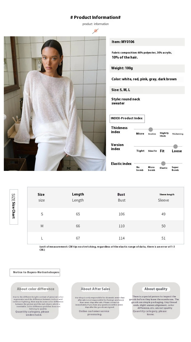 Hollow sweater spring and summer women's see-through thin scoop bell sleeve knitted T-shirt