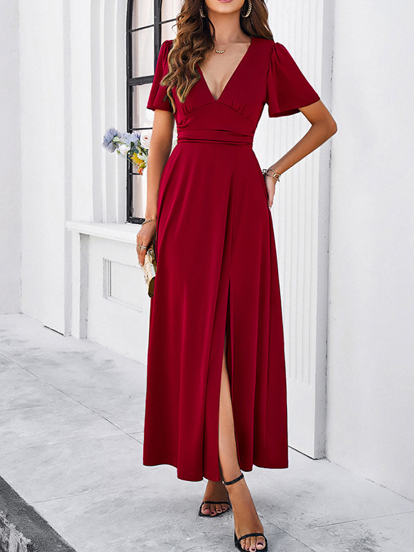 A-Line High Waisted Solid Color Split-Front V-Neck Maxi Dresses
