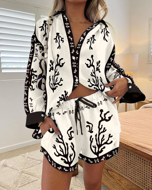 Black coral casual print two-piece set