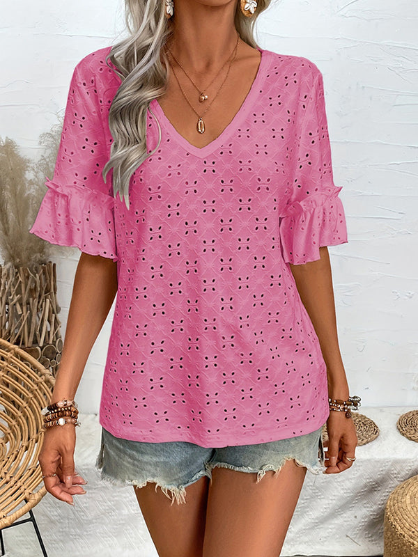 Half Sleeves Loose Hollow Pleated Ruffled Solid Color V-Neck T-Shirts