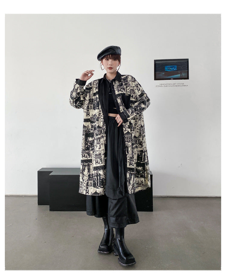 Vintage Print Lapel Windbreaker Coat
