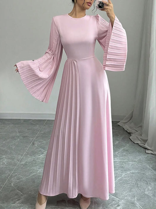 Flared Sleeves Long Sleeves Pleated Solid Color Round-Neck Maxi Dresses