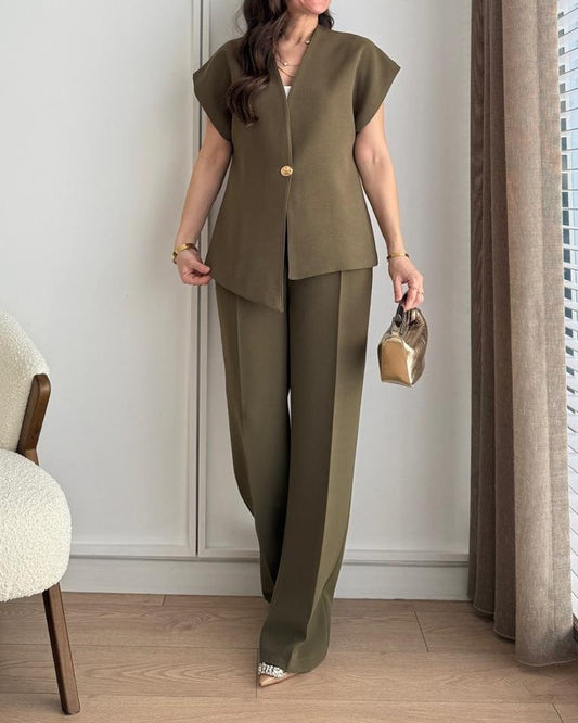 Fashion Commuter Asymmetrical Top & Pants Two-Piece Set