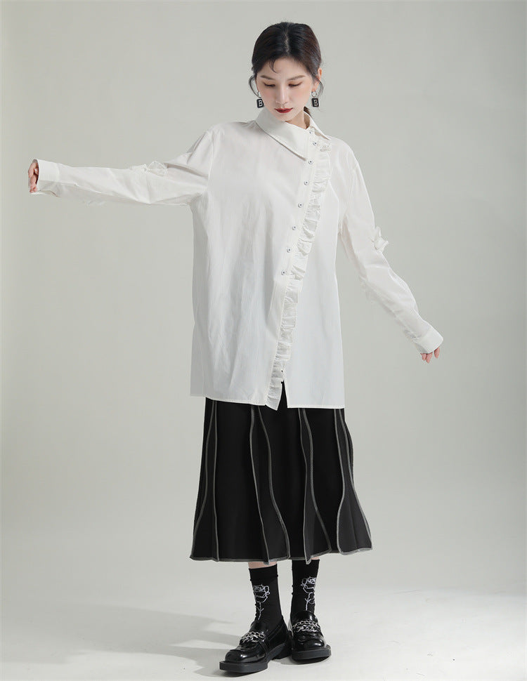 Special Asymmetric Collar Solid Color Long Sleeve Shirt