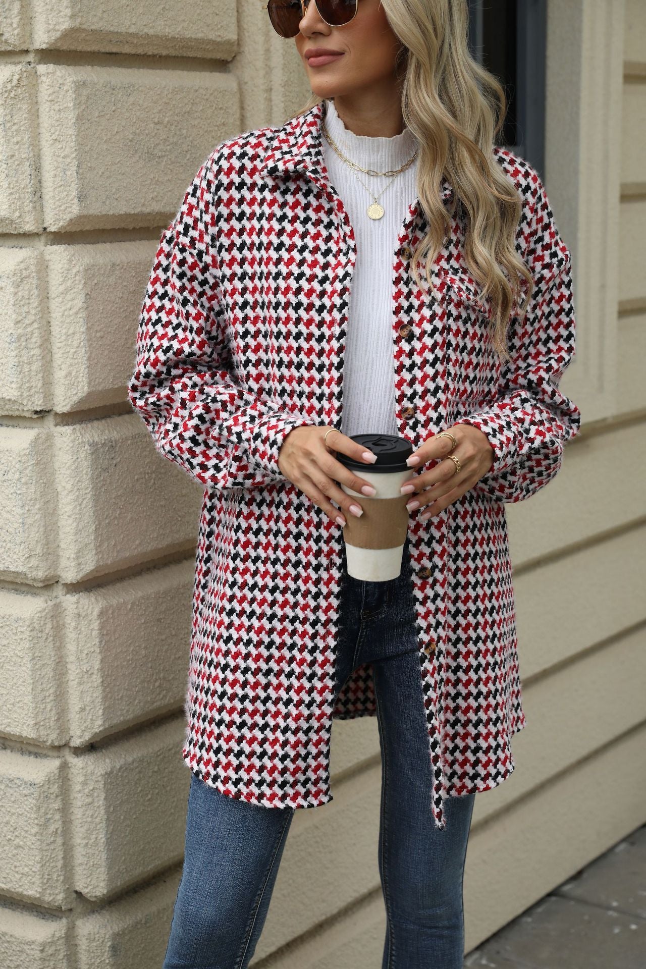 Autumn and Winter houndstooth polo collar top mid-length woolen coat for women