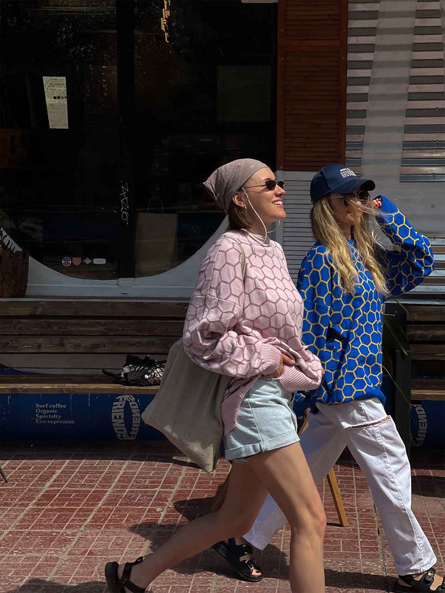 Round neck honey sweater autumn and winter loose plaid pullover round neck knitted women's top