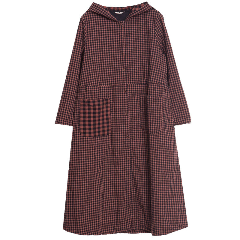 Loose Splicing Hooded Plaid Midi Dress