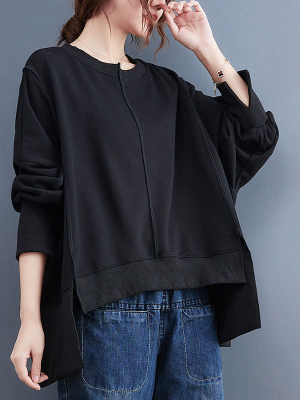 Asymmetric Solid Color Round Neck Long Sleeve Sweater