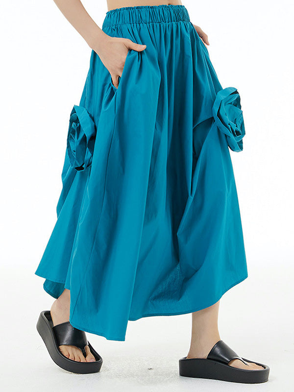Loose Asymmetric Elasticity Solid Color Three-Dimensional Flower Skirts Bottoms