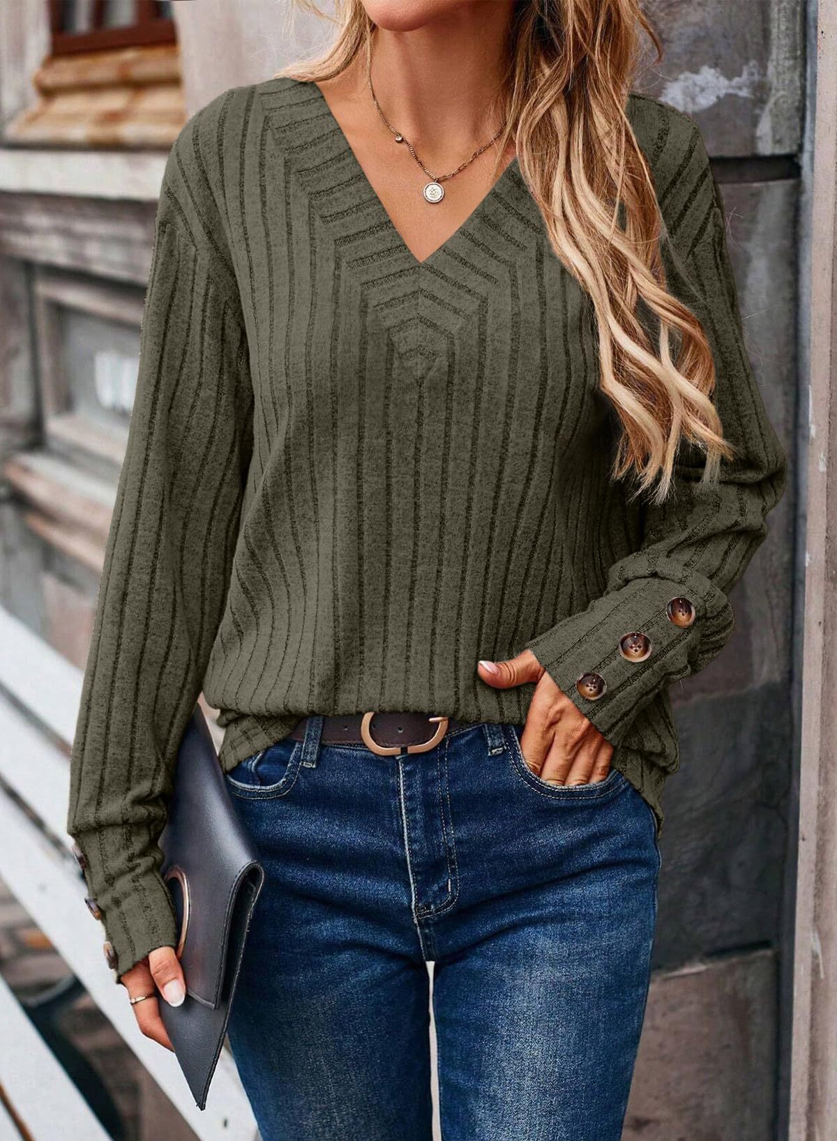 2024 autumn and winter women's long sleeve V-neck shirt solid color buttons T-shirt