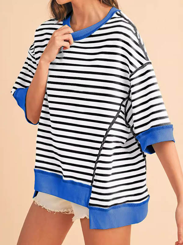 High-Low Loose Split-Joint Striped Round-Neck T-Shirts
