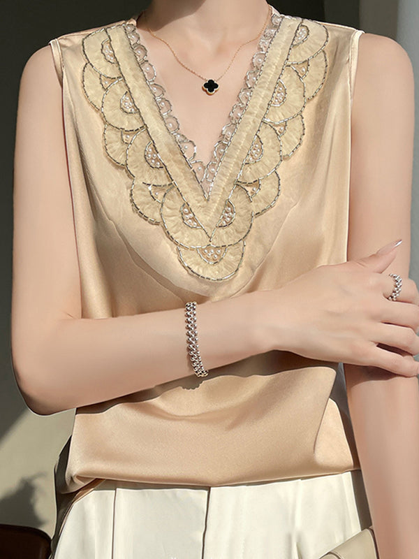 Loose Plus Size Beaded Split-Joint V-Neck Vest Top