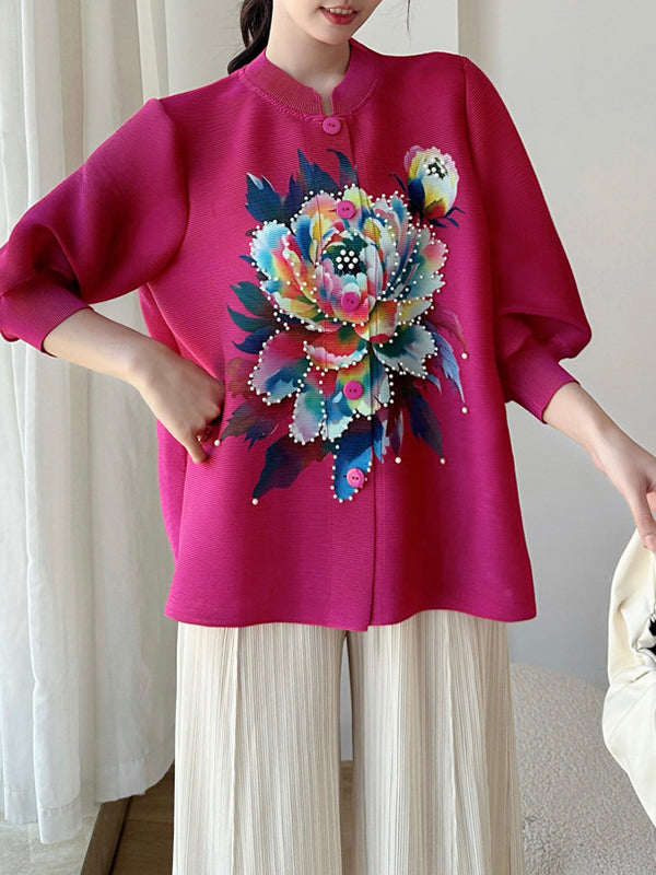 Loose Puff Sleeves Buttoned Flower Print Pleated Round-Neck T-Shirts Tops