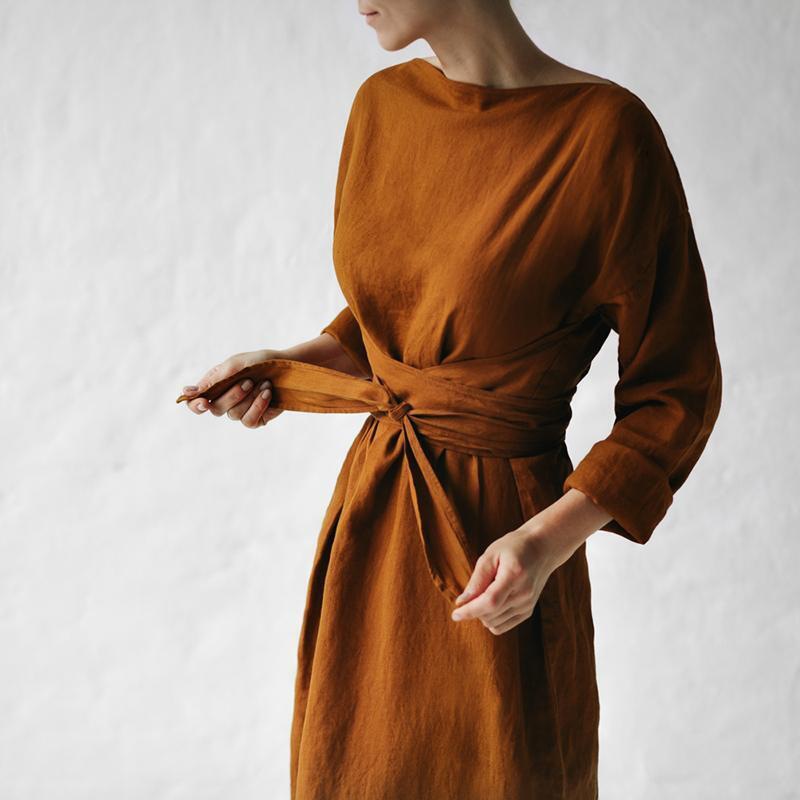 Minimalist Cotton Linen Long Sleeve Lace-up Maxi Dress