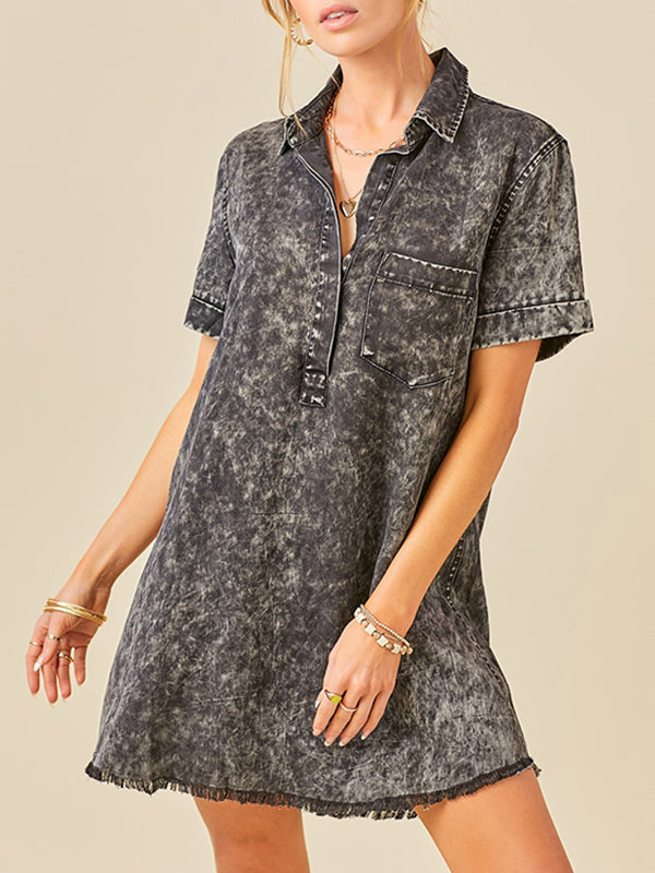 A-Line Loose Fringed Pleated Pockets Split-Joint Lapel Mini Dresses