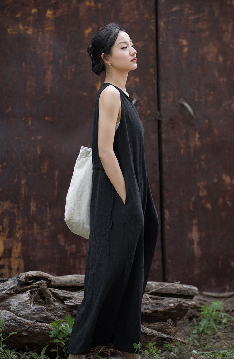 Simple Ramie Sleeveless Lace-up Midi Dress