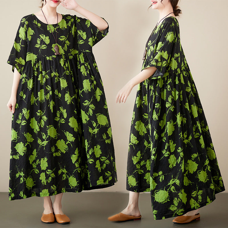 Bohemian Print Short Sleeve Round Neck Midi Dress