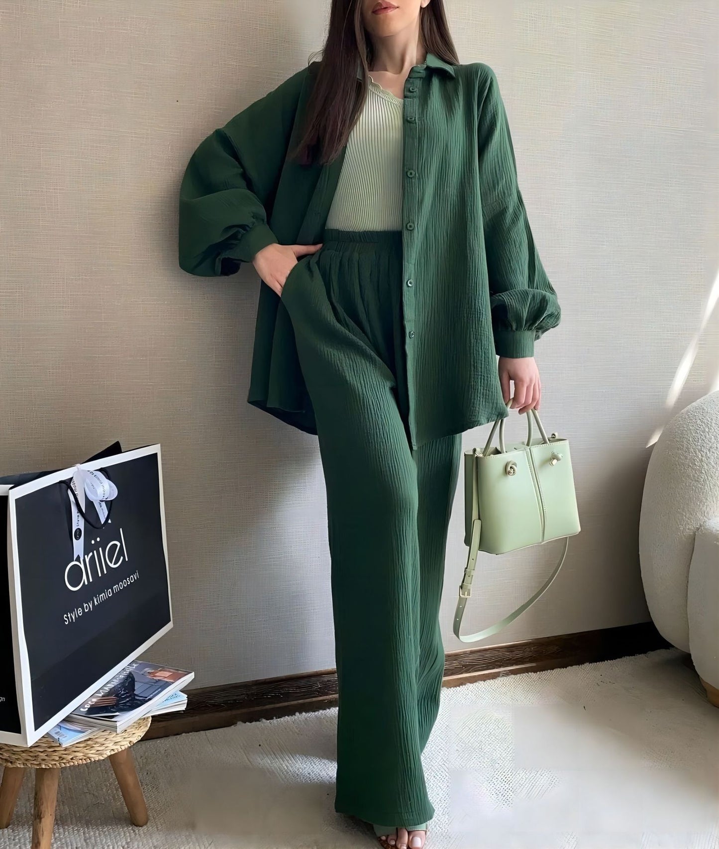 Long-sleeved Lapel Shirt Elastic Waist Trousers Two-piece Suit