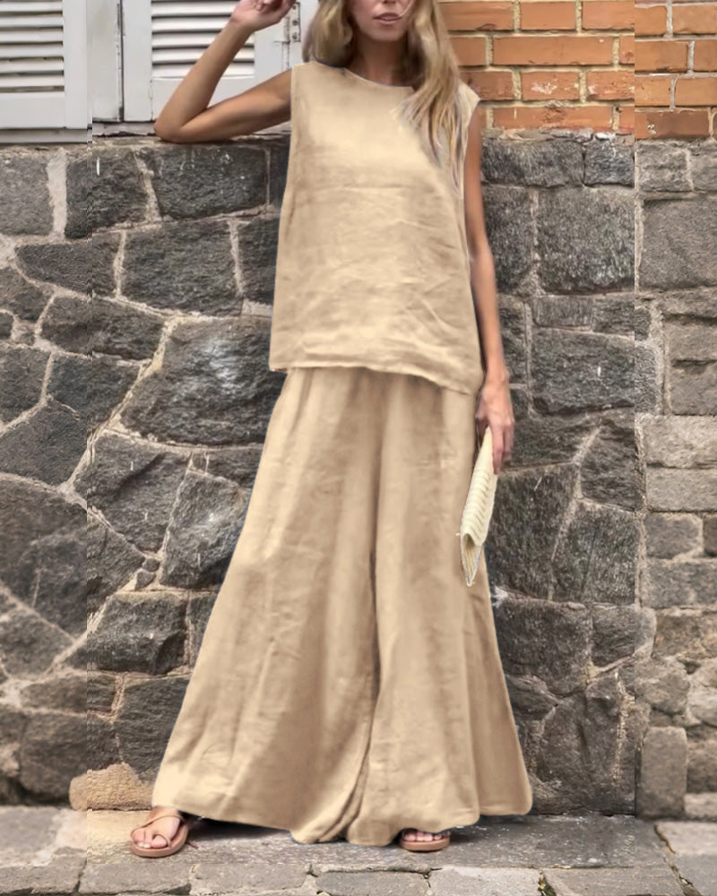 Two-piece Loose Solid Color Sleeveless Pants Set