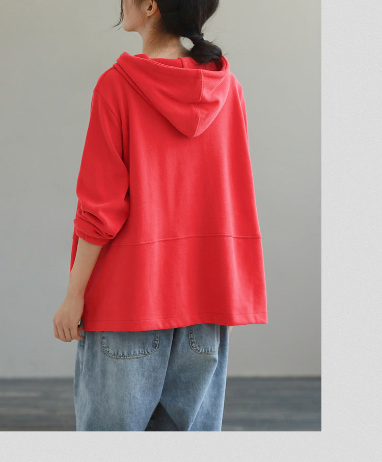 Loose Solid Color Hooded Long Sleeve Sweater
