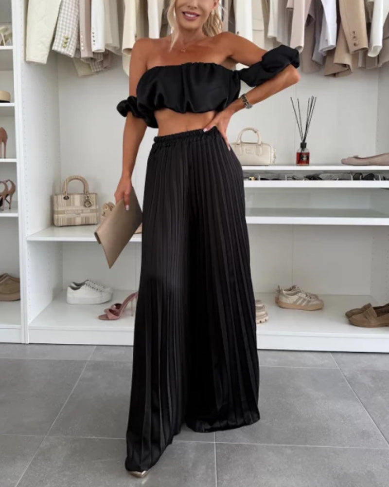 Solid Color Strapless Pleated Trousers Set