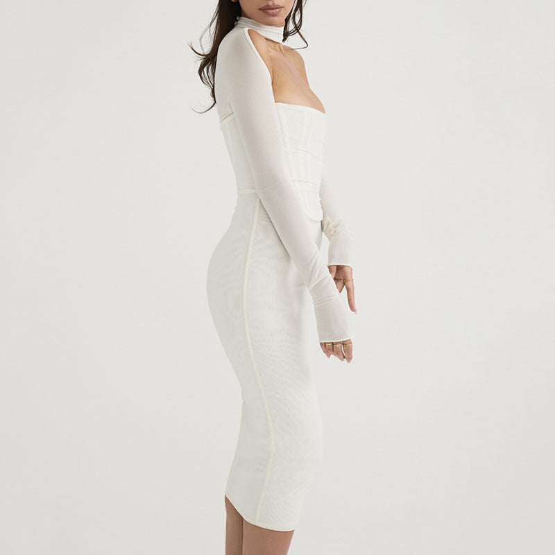 Sexy cutout low cut midi dress see-through voile long sleeve dresses