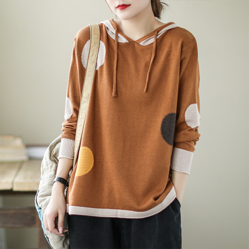 Retro Big Polka Dot Hooded Knit Sweatshirt
