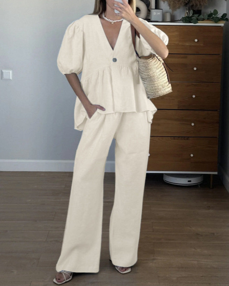 V-Neck Bubble Short Sleeve Trousers Suit