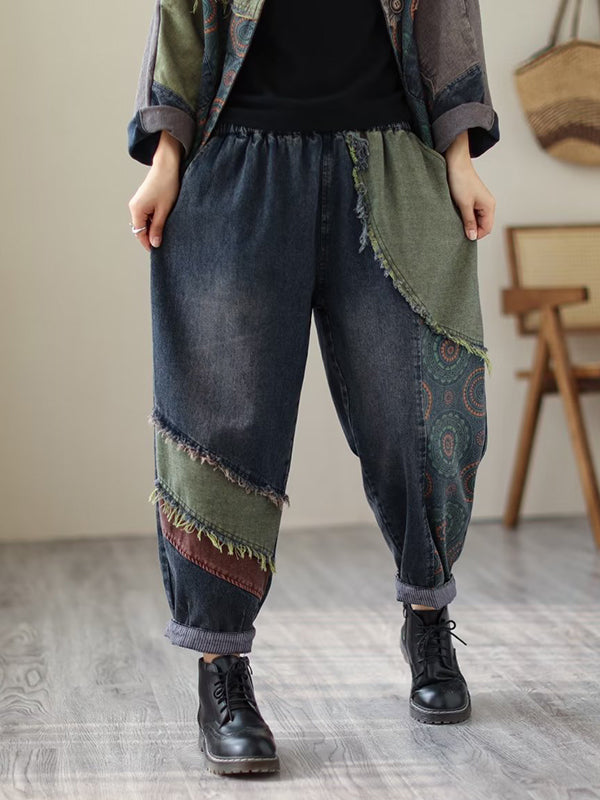 Contrast Color Fringed Split-Joint Long Sleeves Printed Outwear + Harem Pants  Two Pieces Set
