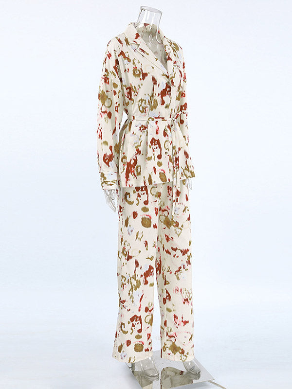 Long Sleeves Lace-Up Printed Lapel Blouse + High Waisted Elasticity Pants Two Pieces Set