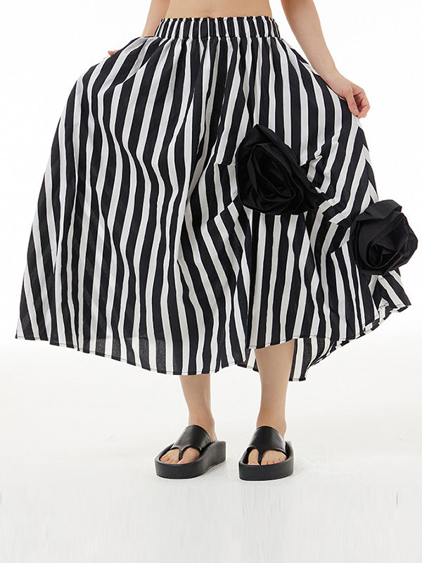 Loose Asymmetric Contrast Color Elasticity Striped Three-Dimensional Flower Skirts Bottoms