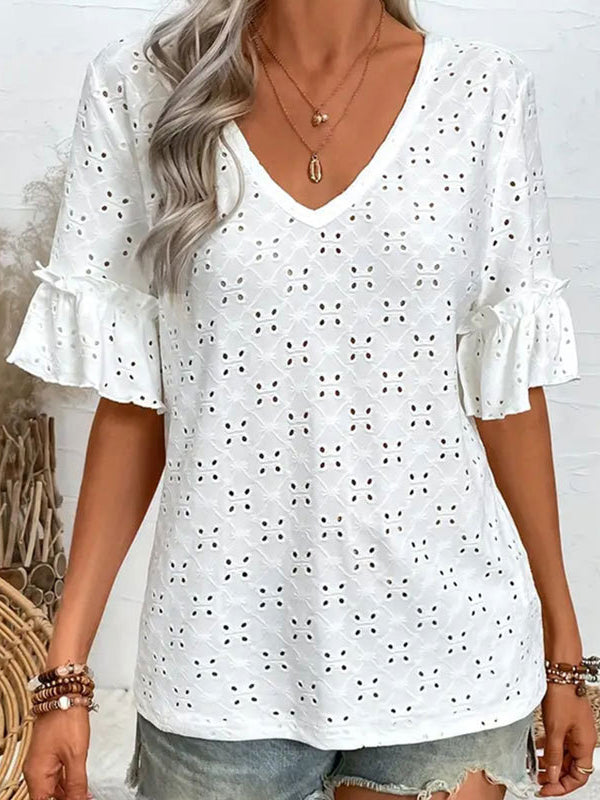 Half Sleeves Loose Hollow Pleated Ruffled Solid Color V-Neck T-Shirts