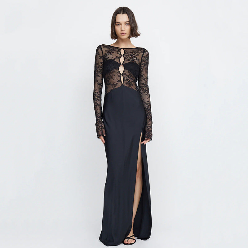 Fall lace see-through stitching dress female sexy split maxi dress