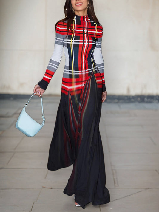 Long Sleeves Contrast Color Pleated Mock Neck Maxi Dresses