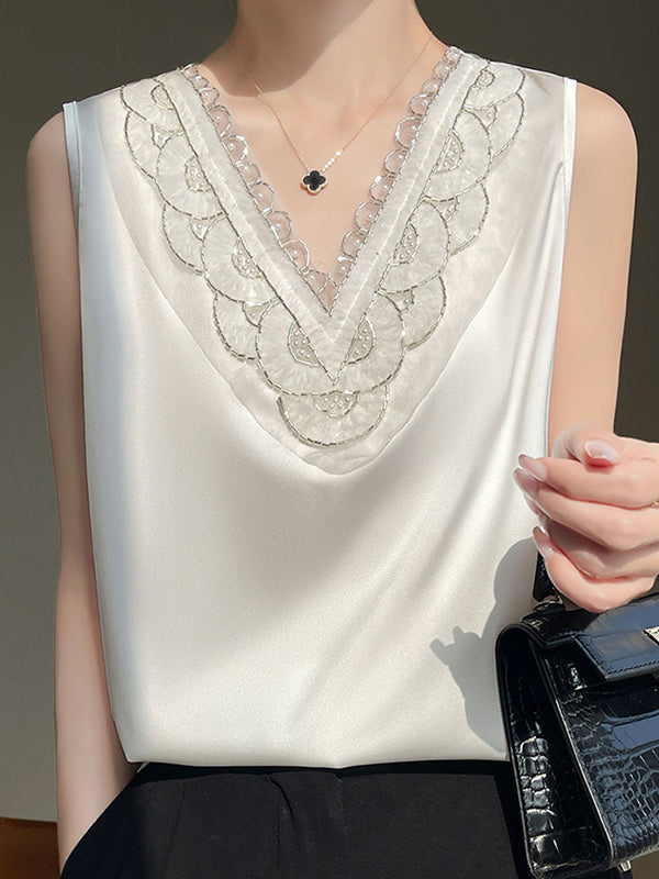 Loose Plus Size Beaded Split-Joint V-Neck Vest Top