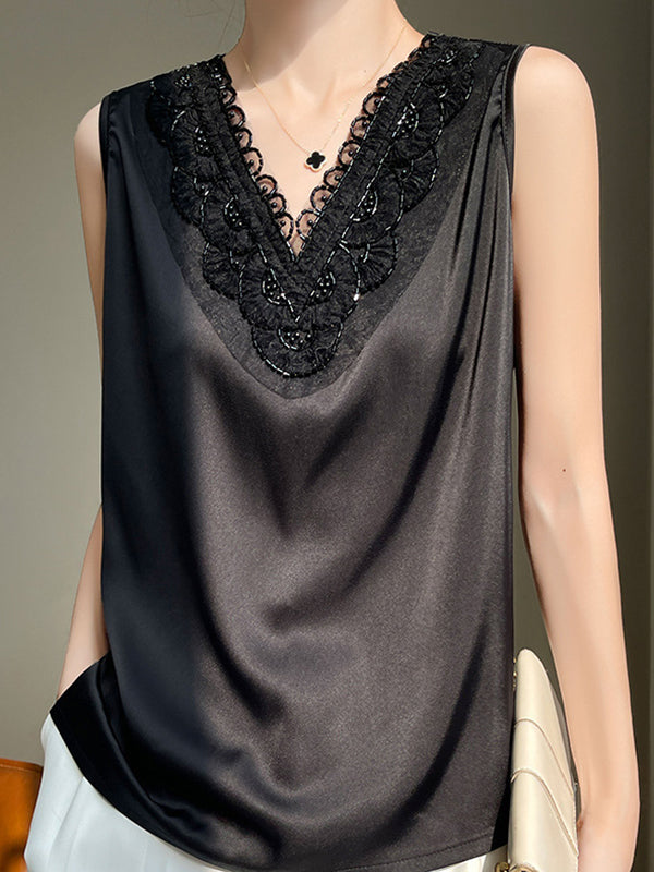 Loose Plus Size Beaded Split-Joint V-Neck Vest Top