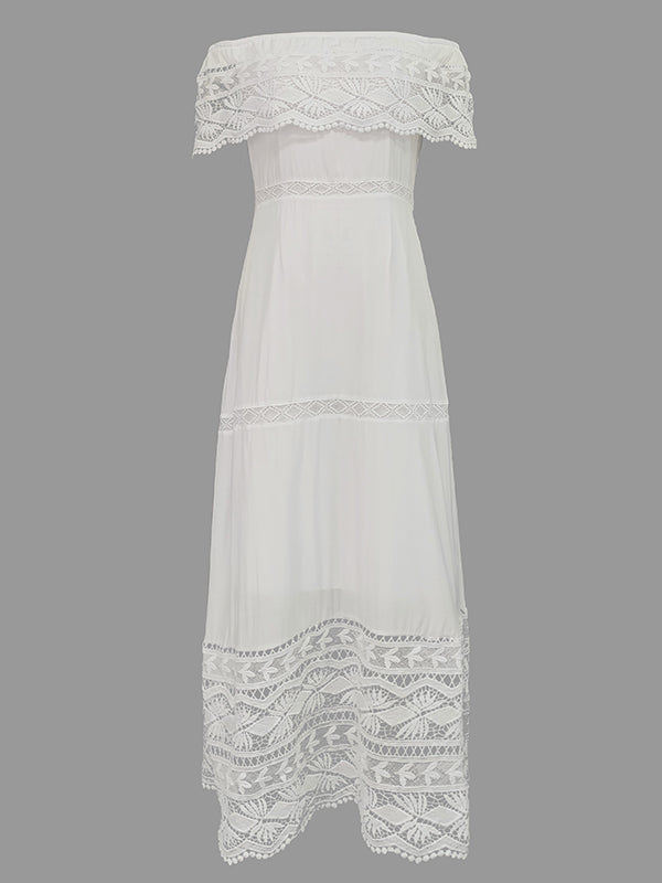 High Waisted Short Sleeves Hollow Solid Color Split-Joint Off-The-Shoulder Maxi Dresses