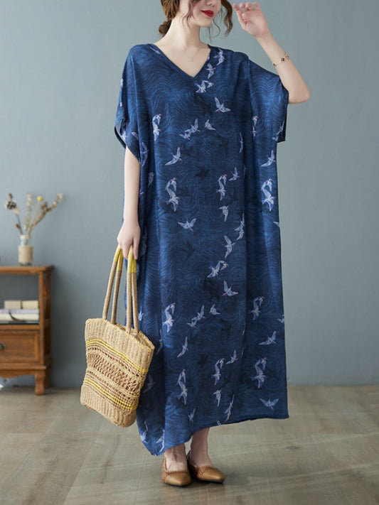 Vintage Print V-neck Short Sleeve Maxi Dress