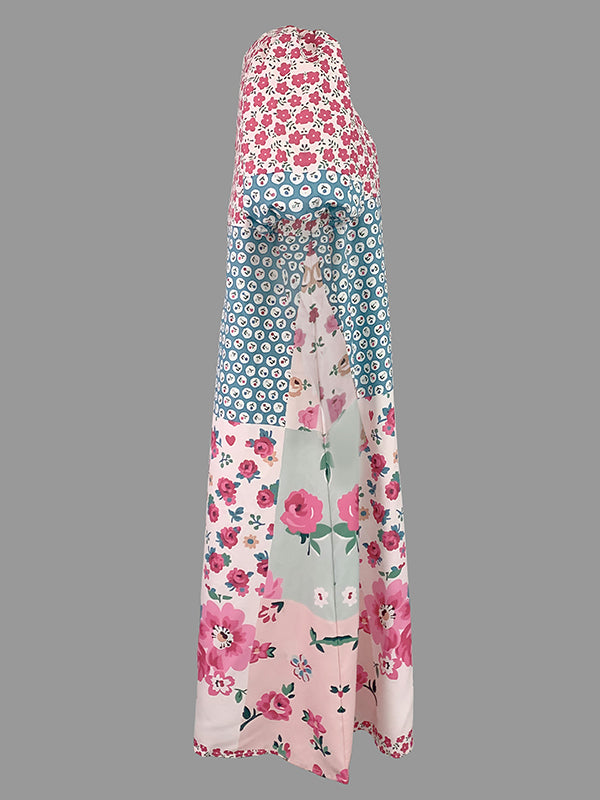 Half Sleeves Loose Flower Print Polka-Dot Round-Neck Midi Dresses