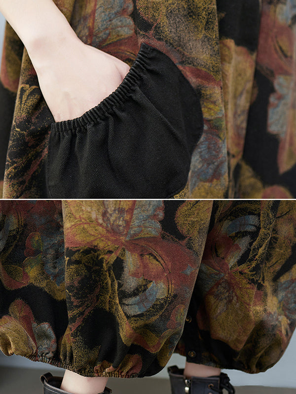 Artistic Retro Vintage Loose Floral Printed Square-Neck Sleeveless Overalls