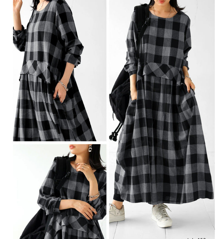 Vintage Plaid Long Sleeve Maxi Dress